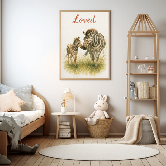 Loved Zebra Family Safari Watercolour Nursery Children's Room Wall Decor Print