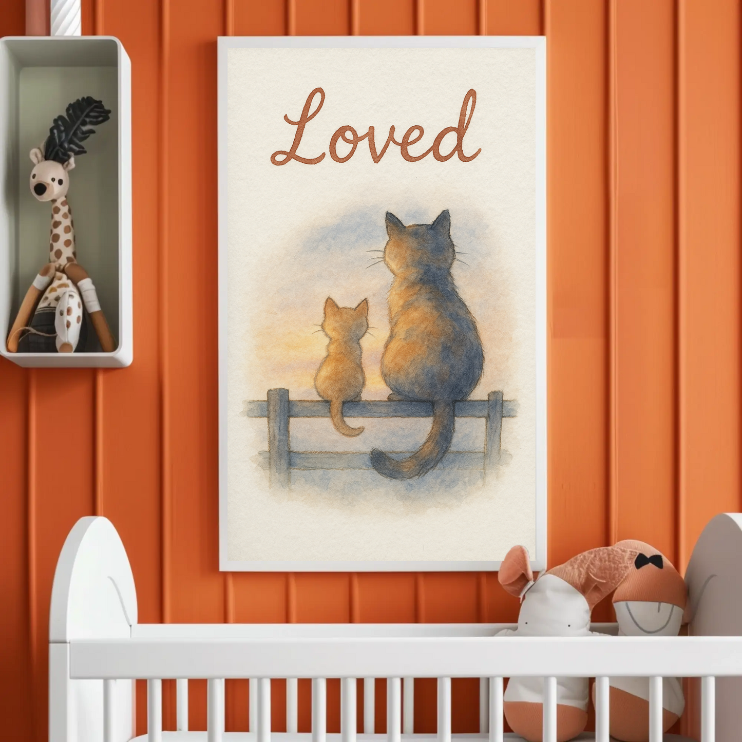 Loved Cat & Kitten Sitting On A Fence Nursery Children's Room Wall Decor Print
