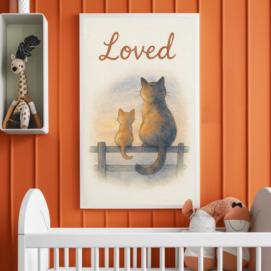 Loved Cat & Kitten Sitting On A Fence Nursery Children's Room Wall Decor Print