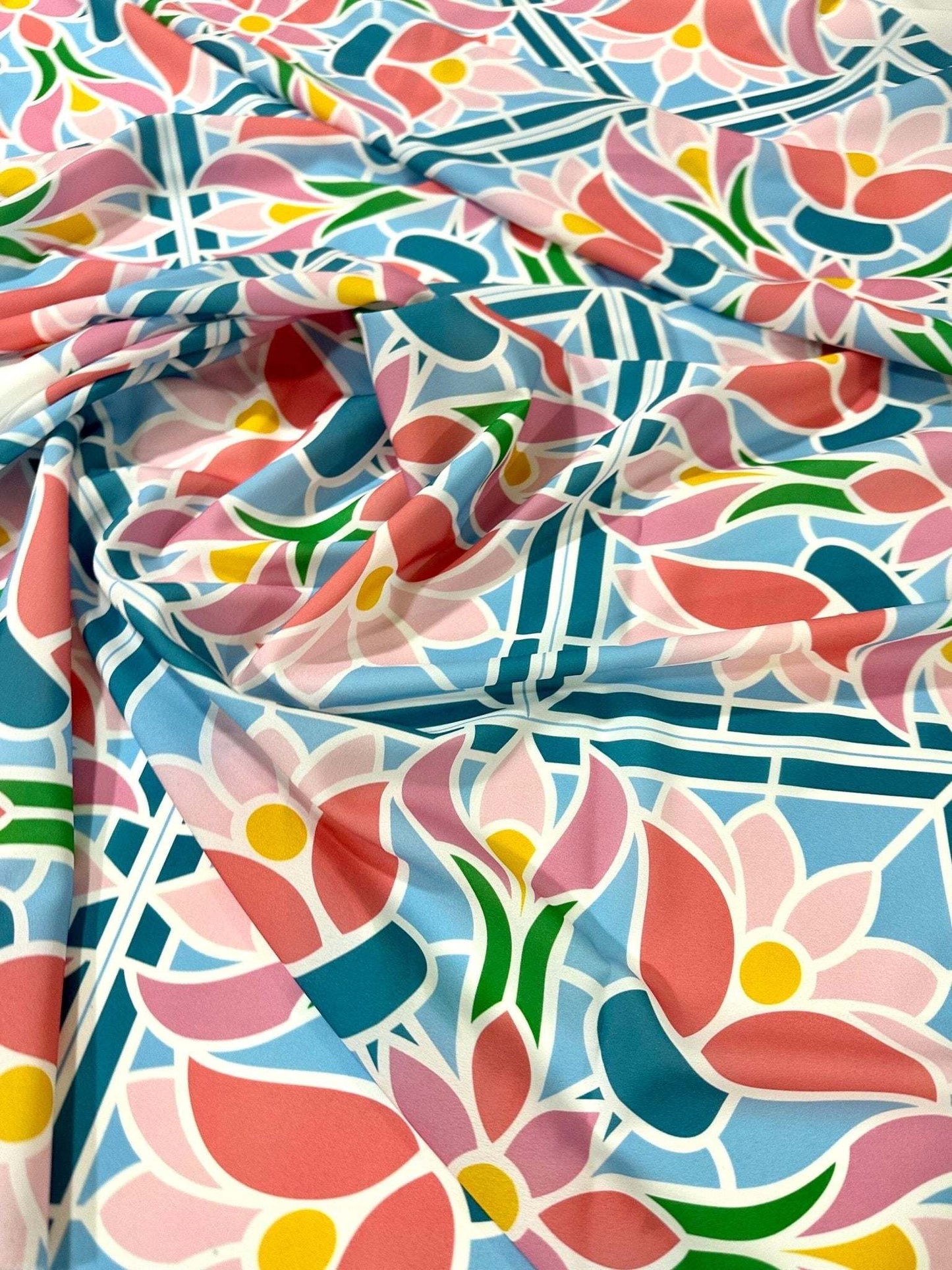 Mosaic Floral Fabric – Available in Satin, Crepe, Spandex & Chiffon | By Metre