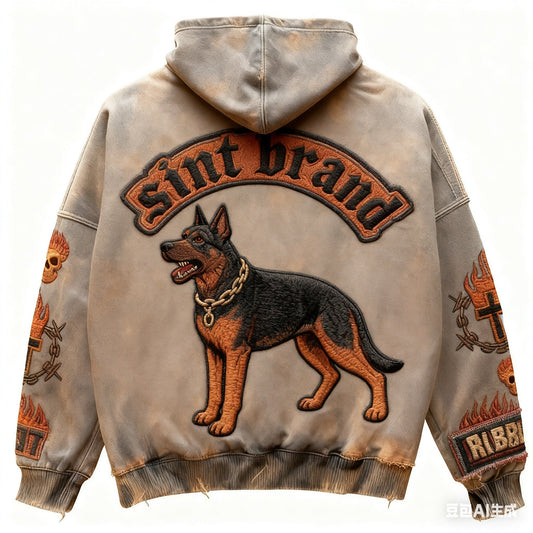 Retro Fiery Dog Design Print Loose Fit Hoodie