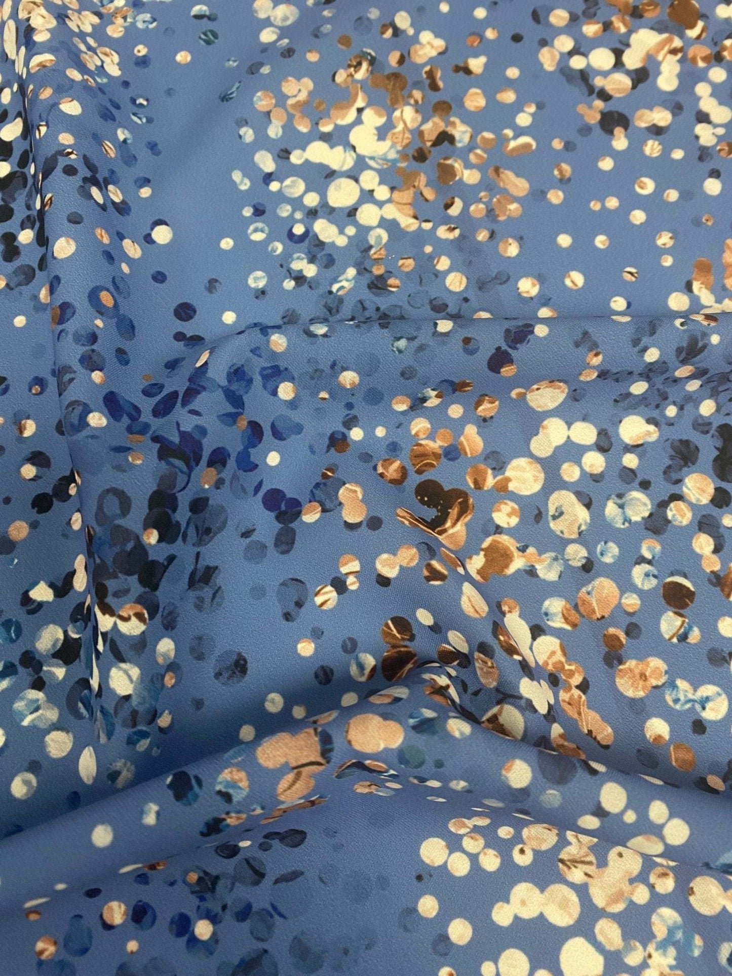 Multicolor Confetti, Abstract Dot Blue Fabric – Custom Printed Fabric on Satin, Crepe, Spandex or Chiffon
