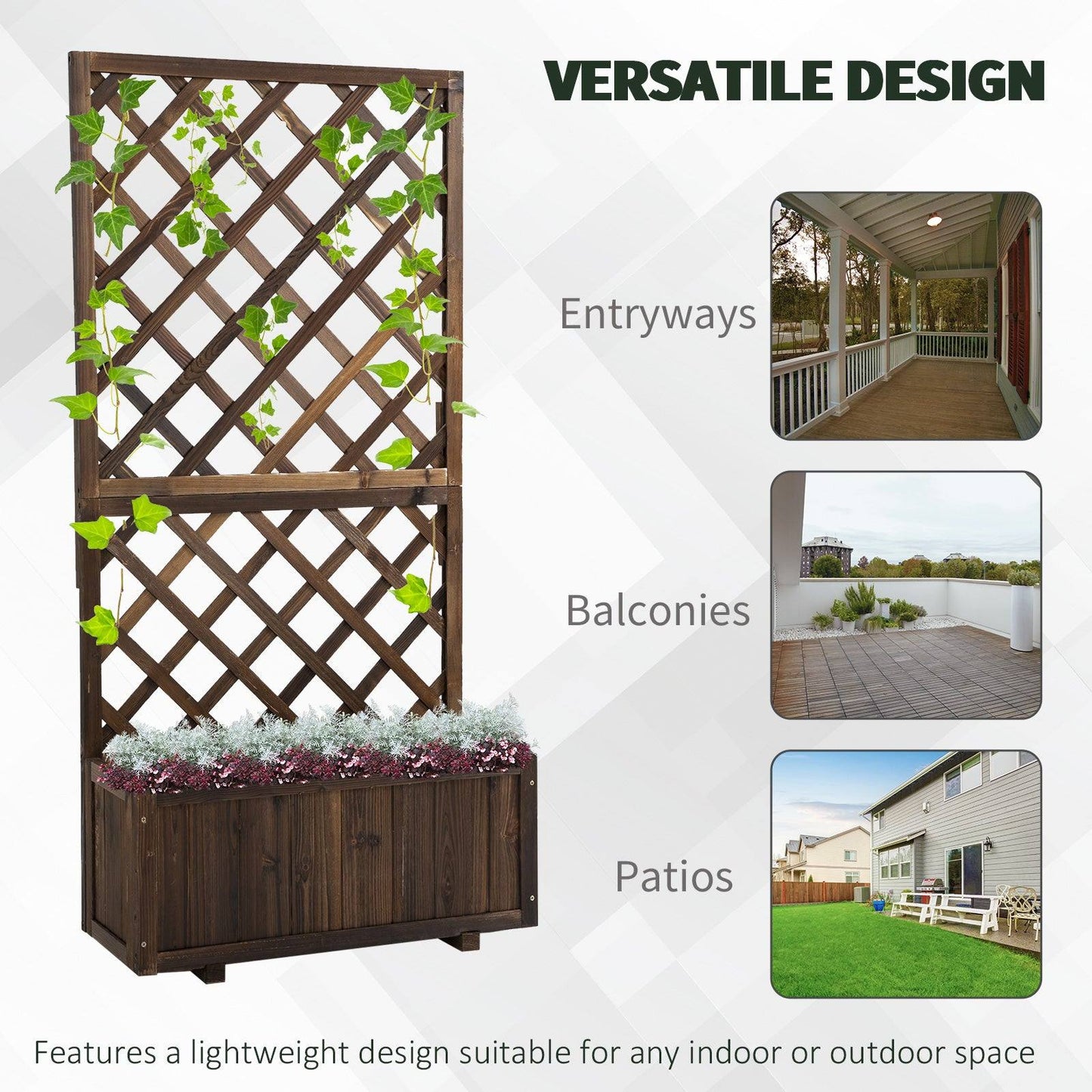 Outsunny Flower Planter Stand Trellis Shelf Garden Wood Steel Pergola Carbonised 72.5L X 31.5W X 149.5H