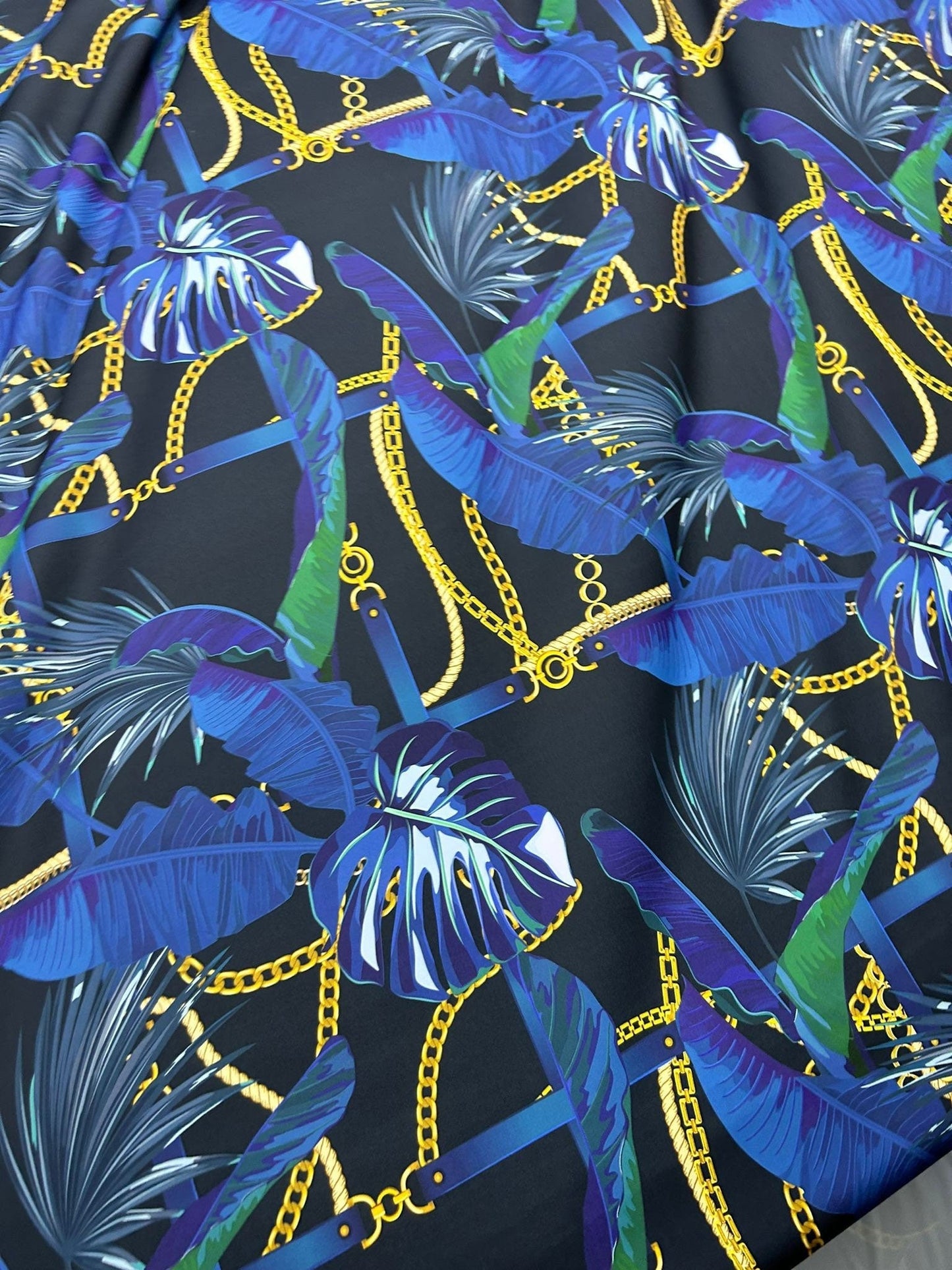Navy Blue Leaf Chain Pattern Fabric by the Yard