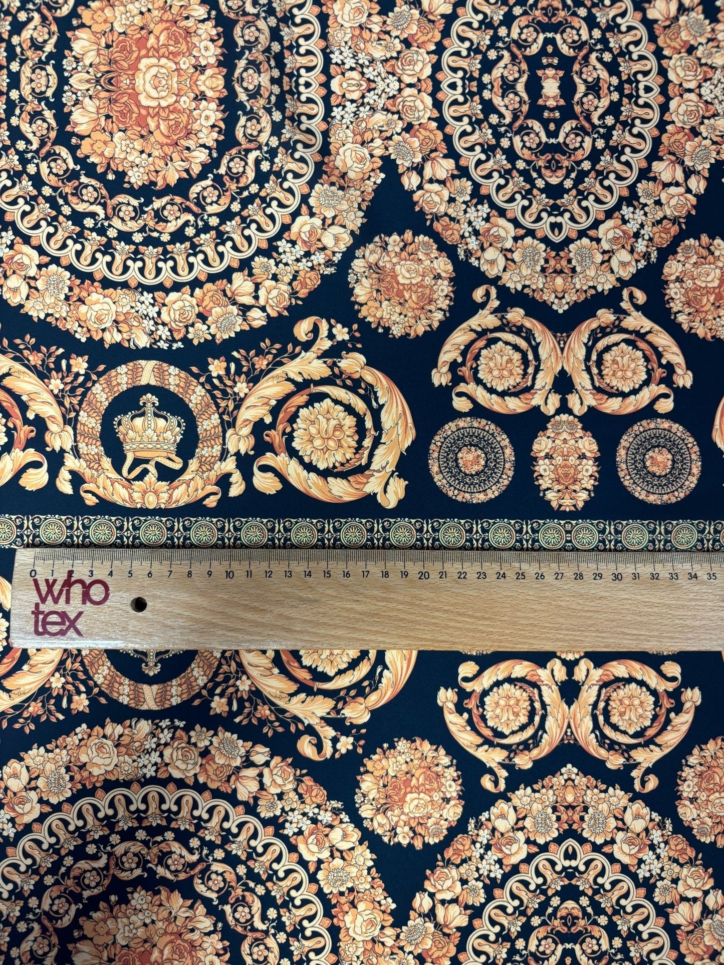 Navy Satin Fabric by the Metre – Baroque Floral Medallion