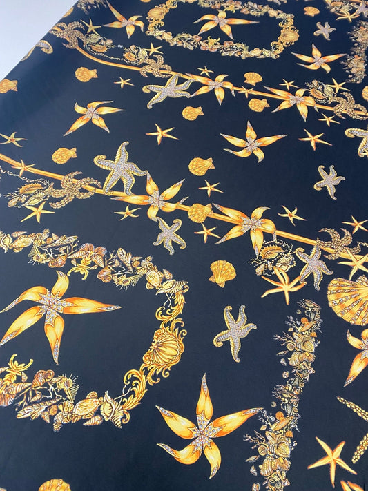Navy Chiffon Satin Fabric with Starfish & Seashell Print