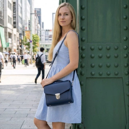 Handmade Leather Sugarcube Handbag - Navy