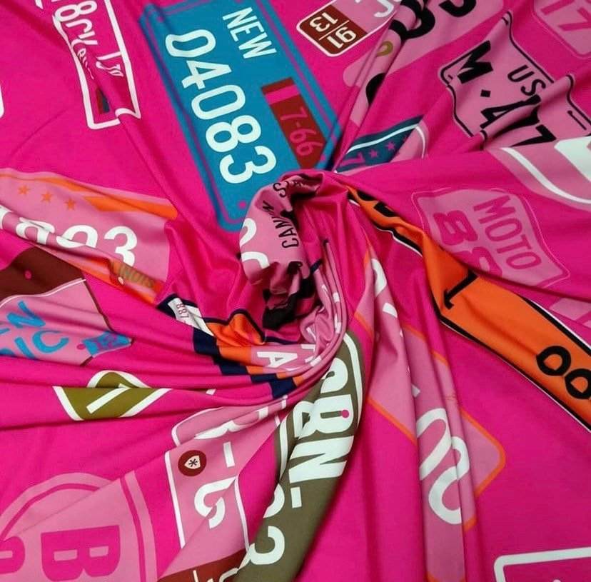 Pink Number Plate Pattern Fabric – Fabric by Metre, Options: Satin, Crepe, Spandex, Chiffon