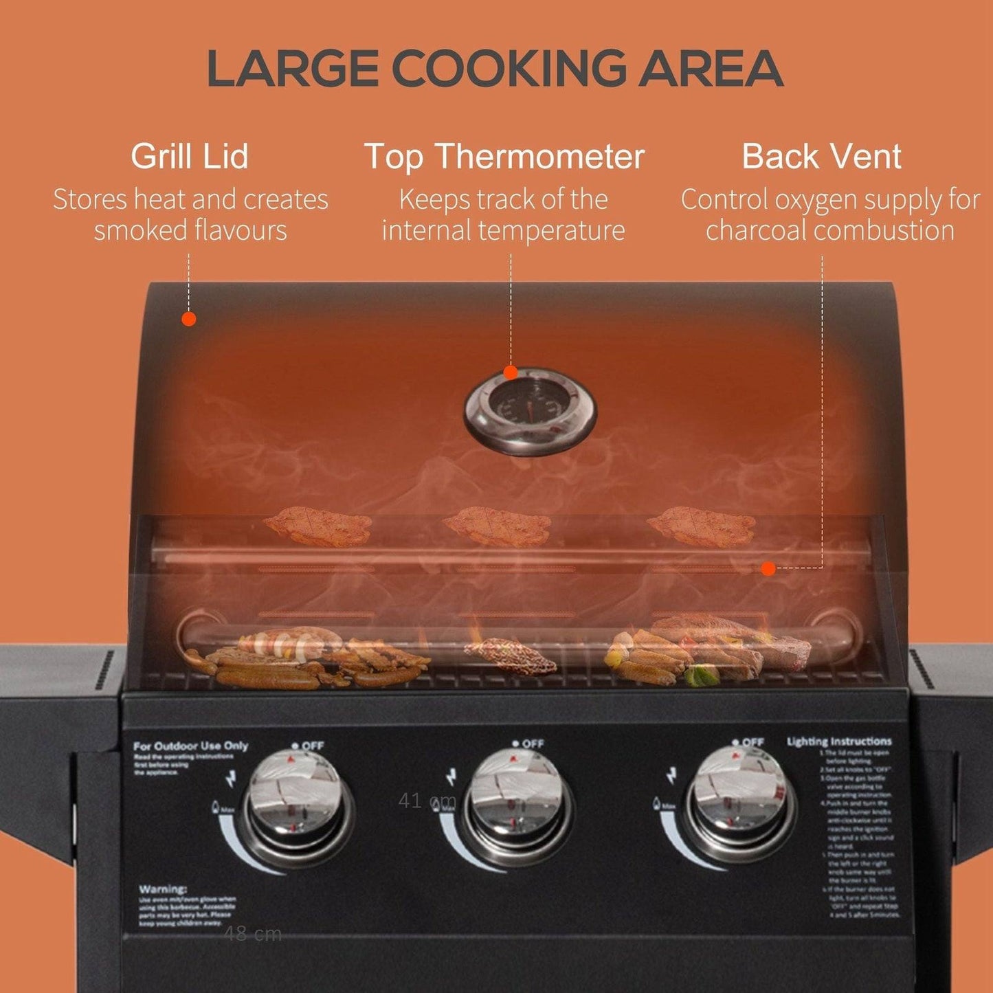 3 Burner Gas BBQ Grill Outdoor Portable Barbecue Trolley With Warming Rack