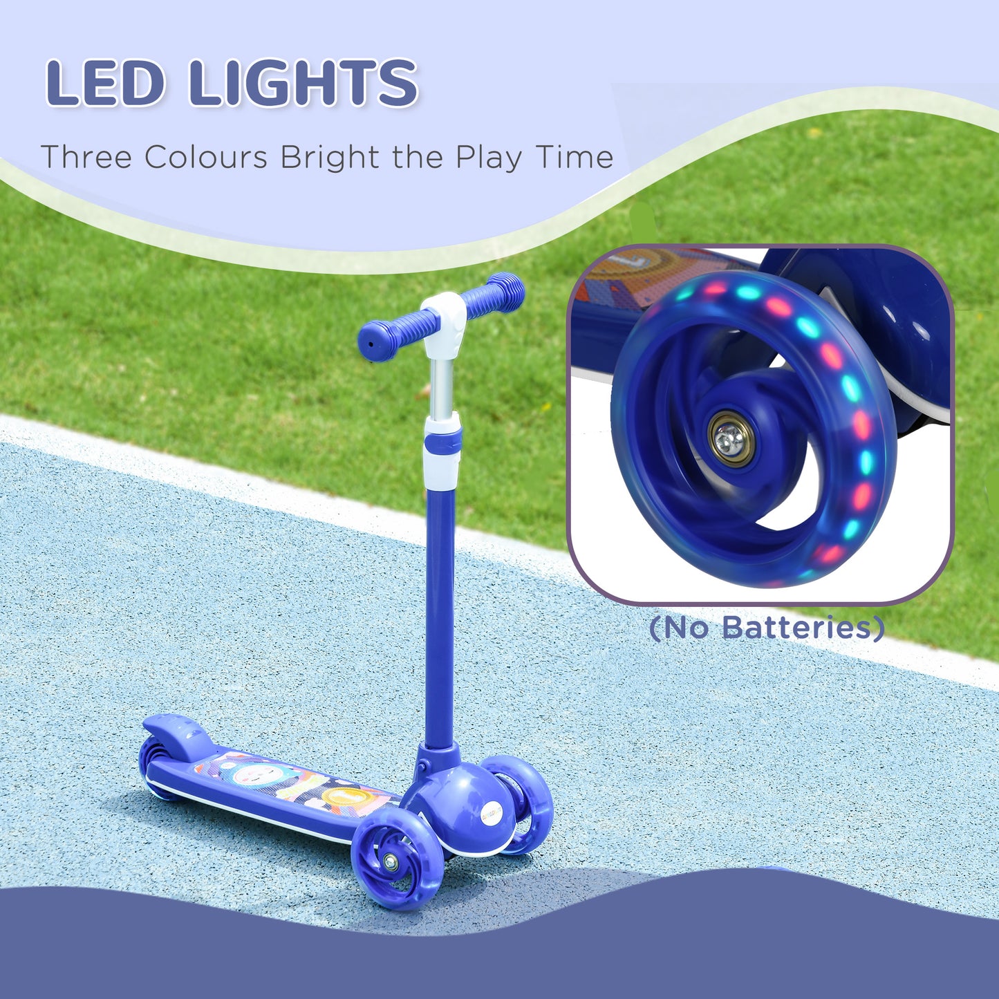 AIYAPLAY Kids 3 Wheel Scooter for 2-6 Years Old with Adjustable Height, LED Light, TPE Handlebar in Blue