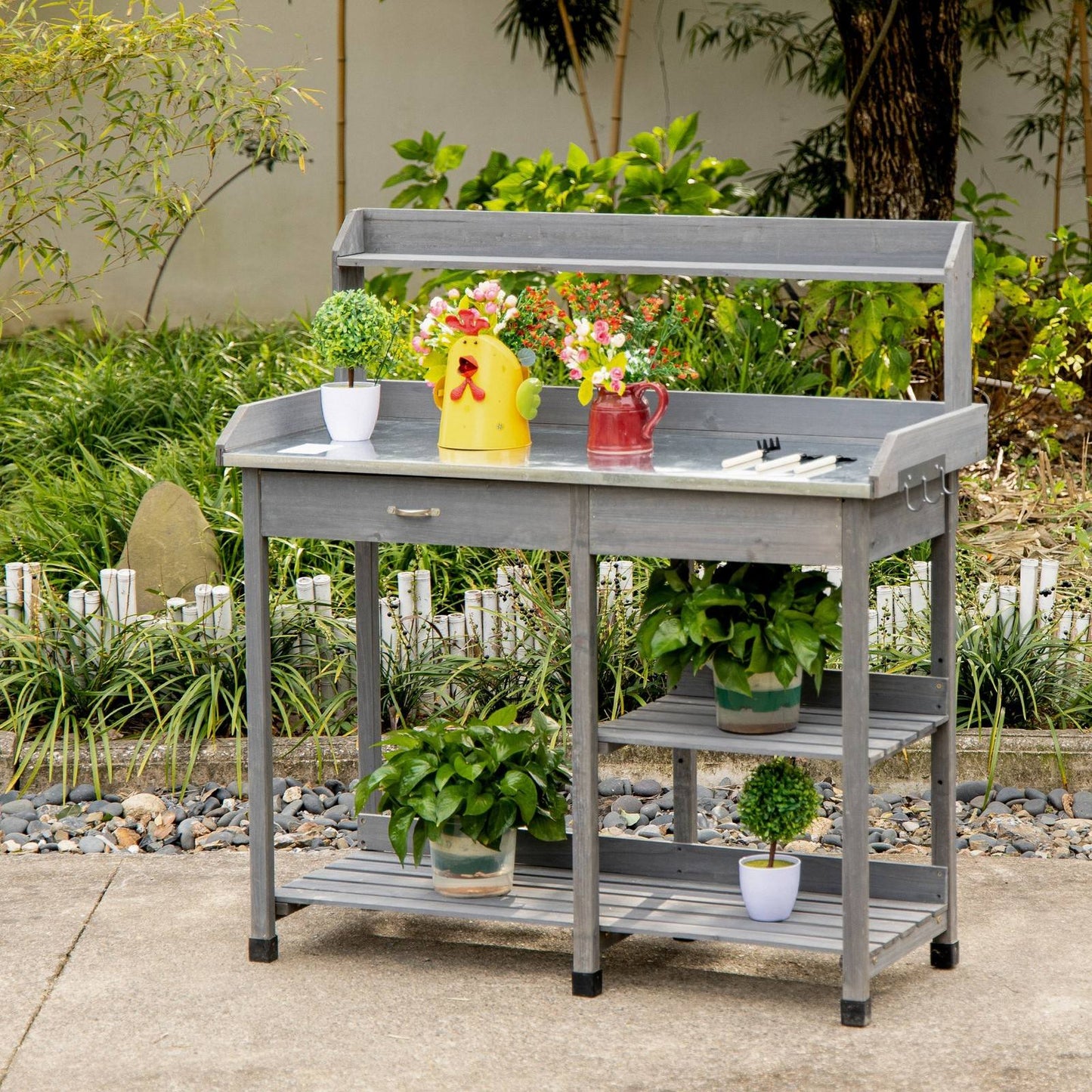 Garden Potting Table Wooden Workstation w/ Metal Tabletop