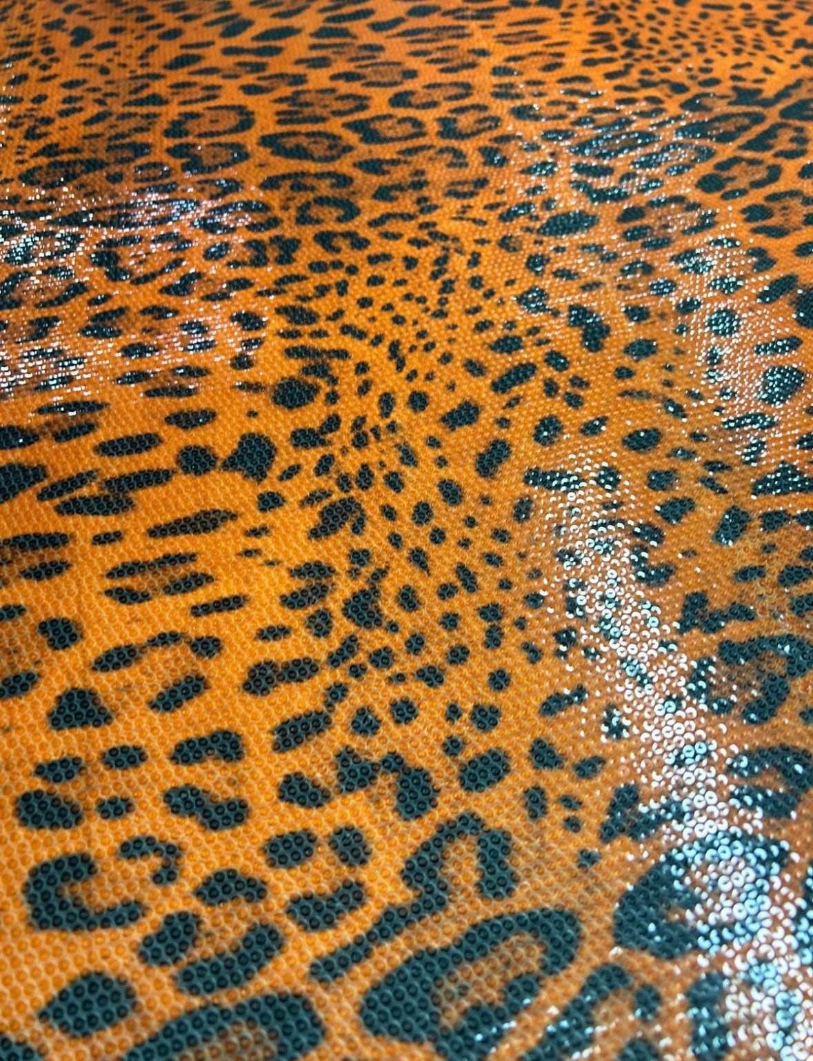 Orange Leopard Print Sequin Fabric, 2- Way Stretch Sequin Fabric By The Yard