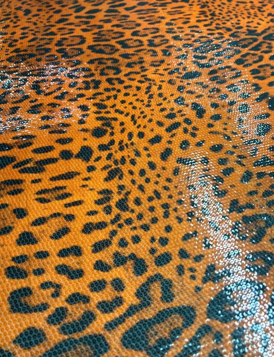 Orange Leopard Print Sequin Fabric, 2- Way Stretch Sequin Fabric By The Yard