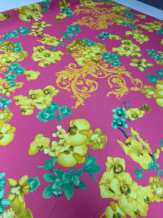 Orchid Floral Crepe Fabric by the Metre – Pink Yellow & Green Flowers