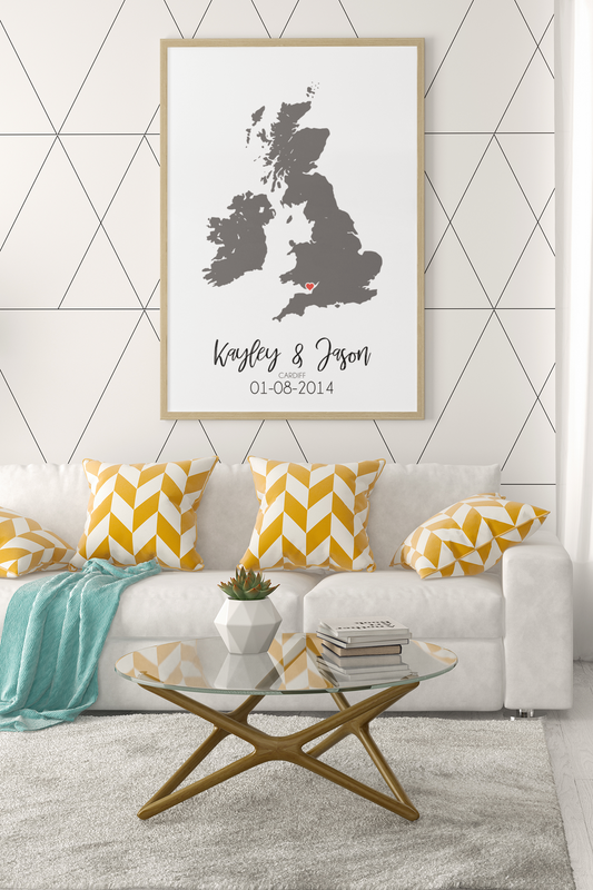 Couples United Kingdom Map with Special Dates & Heart Personalised Wall Decor Print with 10 New Styles