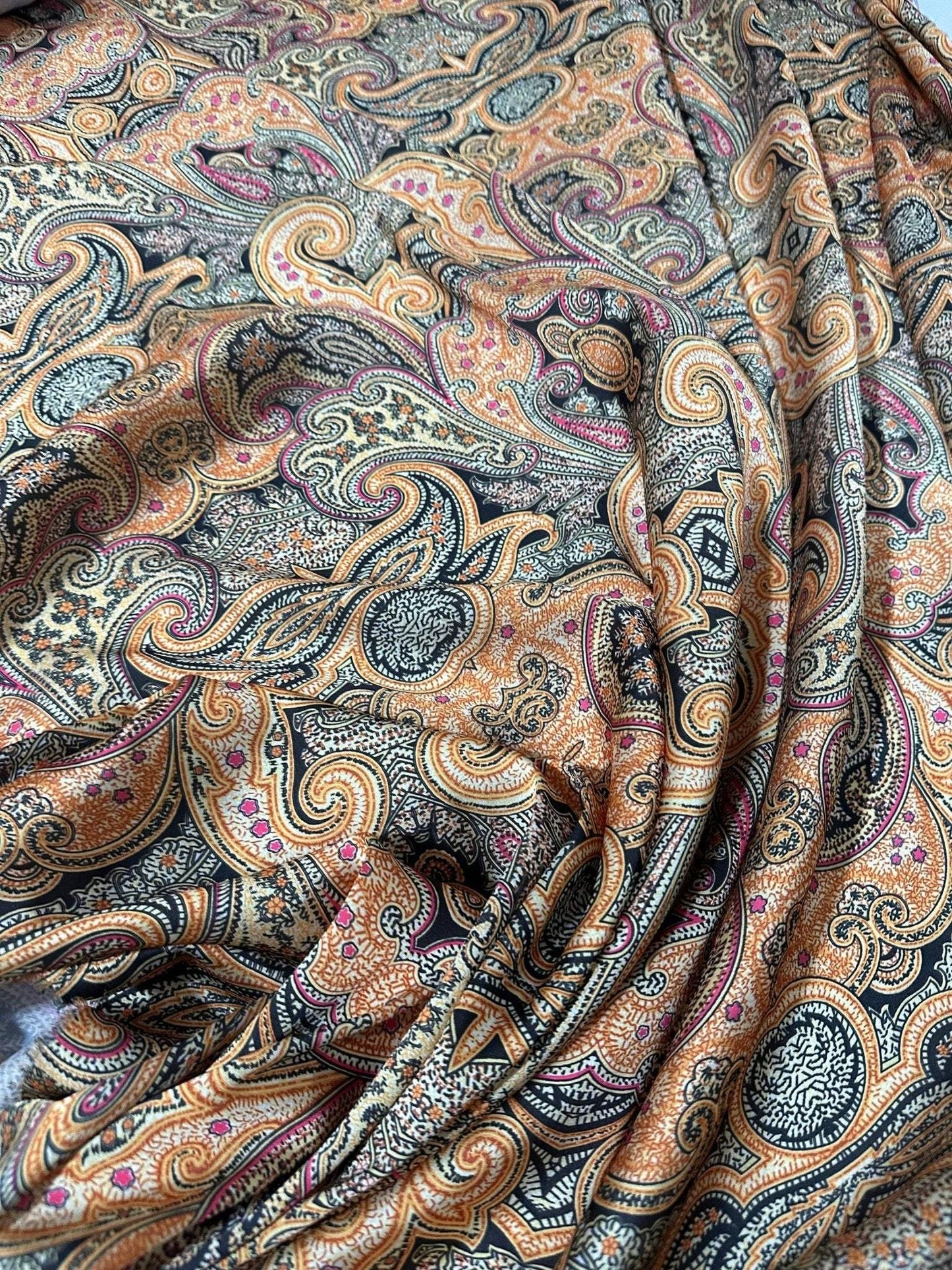 Black and Orange Paisley Fabric – Available in Satin, Crepe, Spandex & Chiffon | By Metre