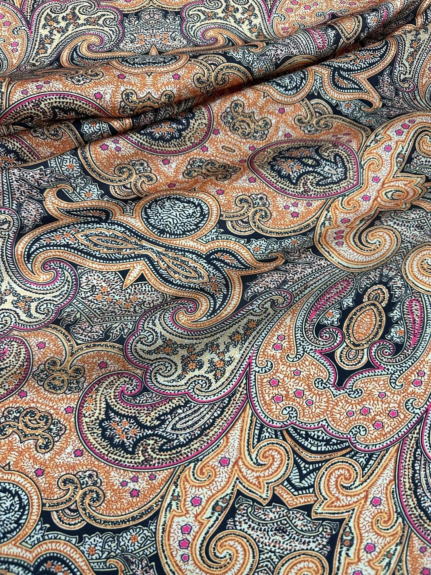 Black and Orange Paisley Fabric – Available in Satin, Crepe, Spandex & Chiffon | By Metre