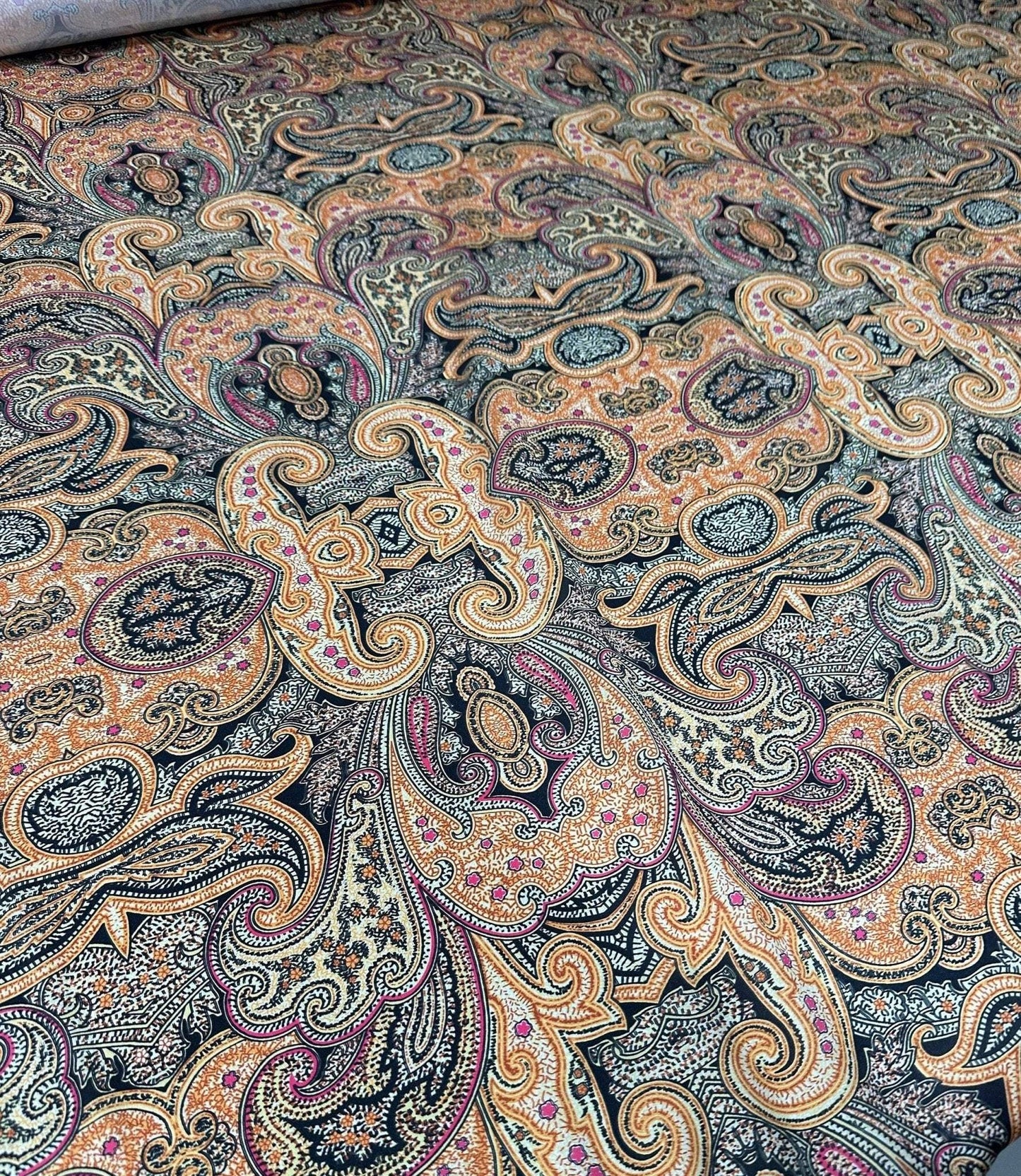 Black and Orange Paisley Fabric – Available in Satin, Crepe, Spandex & Chiffon | By Metre