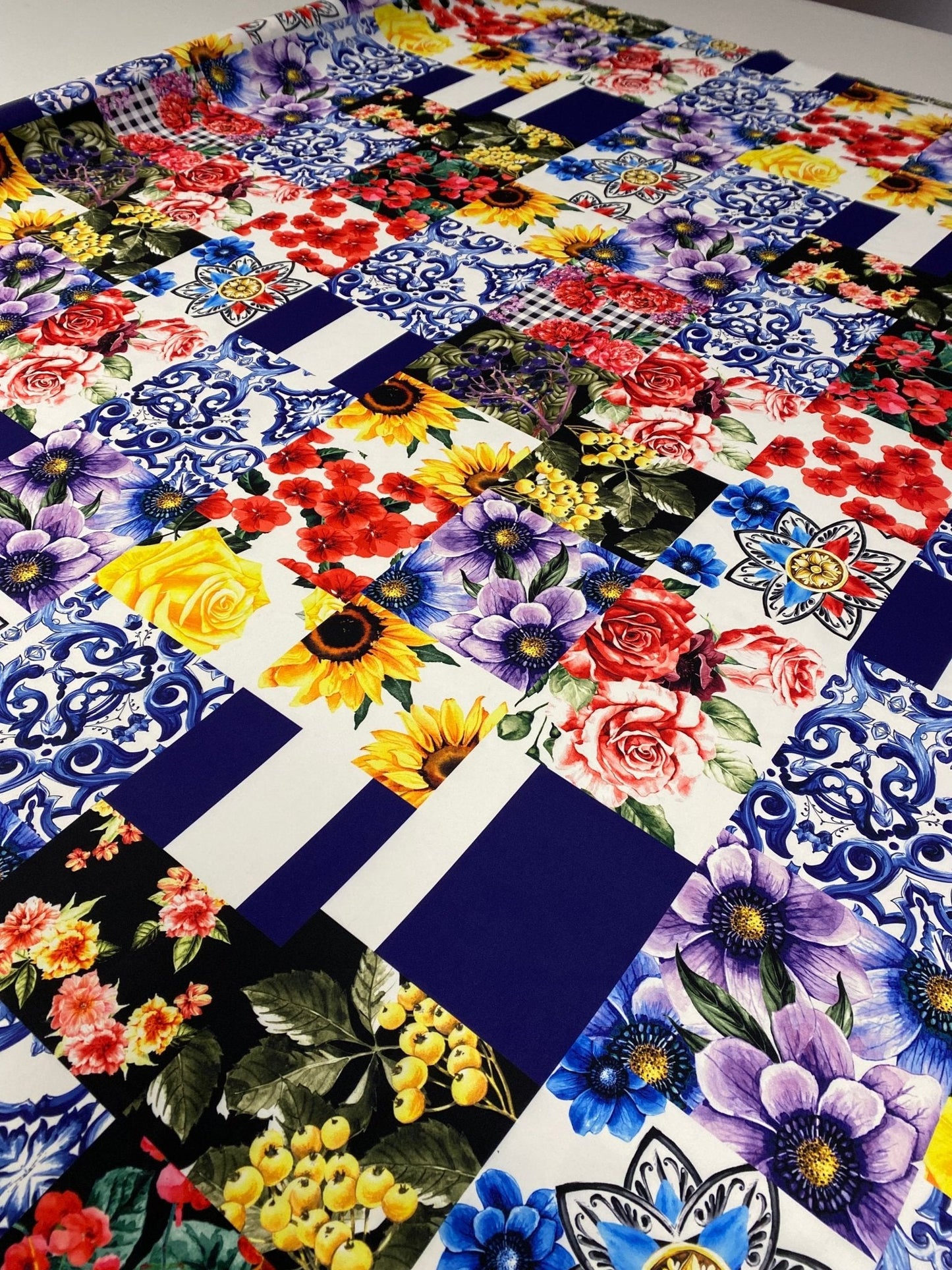 Patchwork Floral Crepe Fabric by the Metre – Colourful & Unique