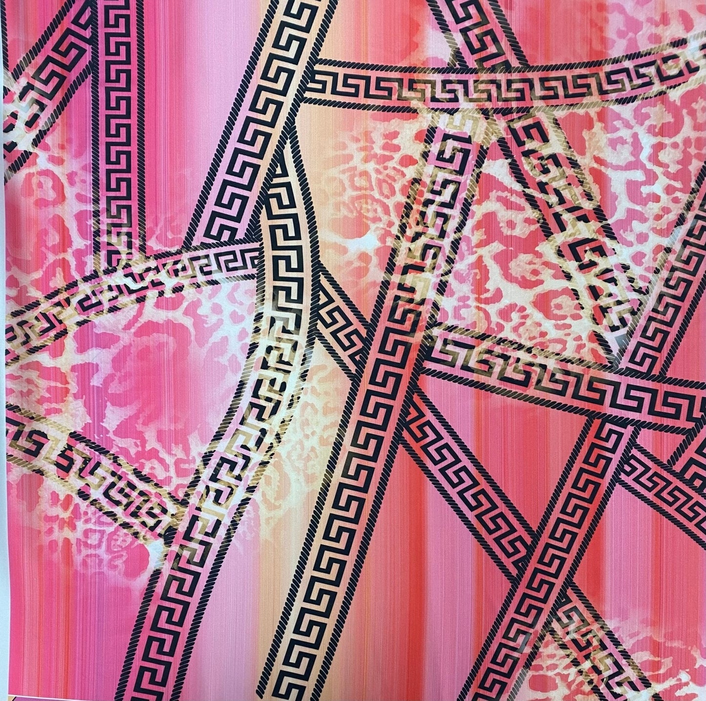 Pink Abstract Greek Key Fabric – Leopard & Stripe Design by the Metre