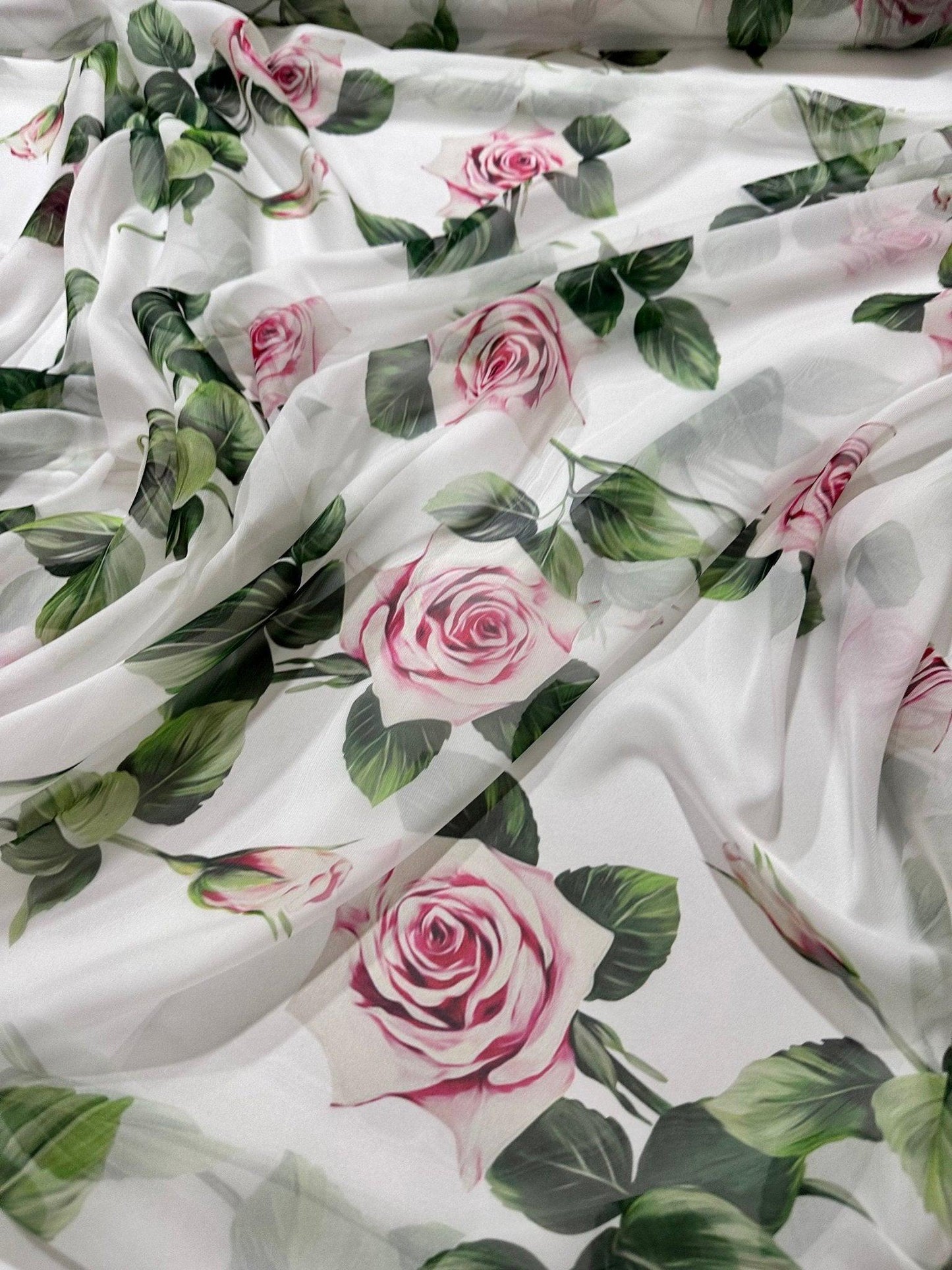 Pink Rose White Pattern Floral Fabric – Multiple Fabric Options, Sold by Metre