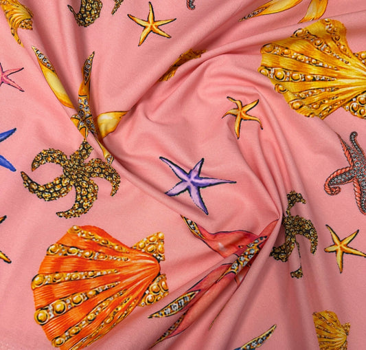 Pink Starfish & Shells Organic Cotton Poplin Fabric by the Metre