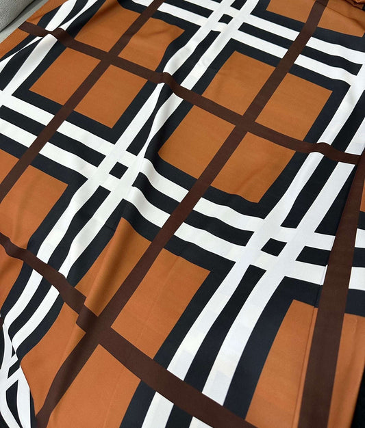 Brown and White Striped Plaid Fabric – Available in Satin, Crepe, Spandex & Chiffon | By Metre