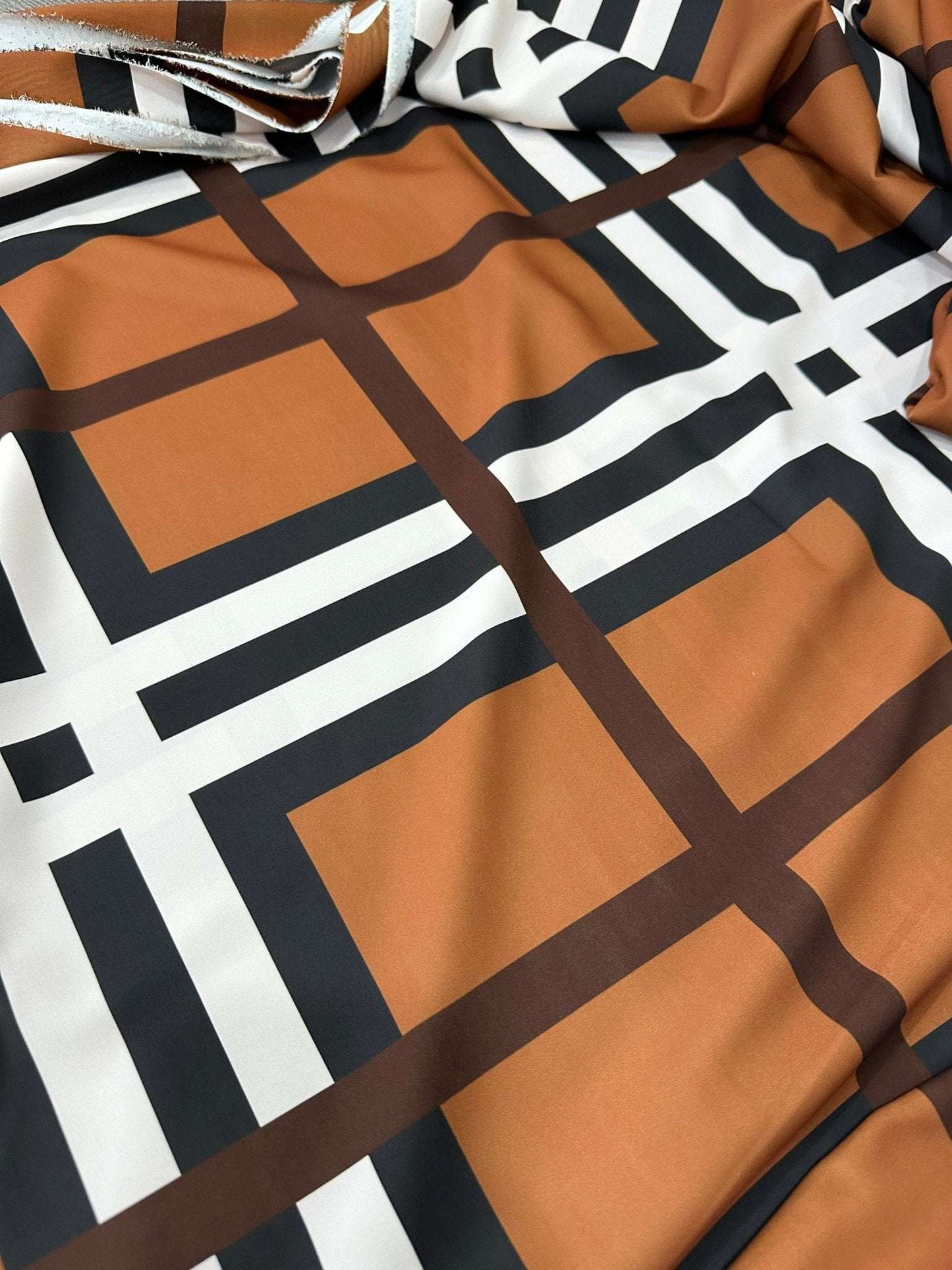 Brown and White Striped Plaid Fabric – Available in Satin, Crepe, Spandex & Chiffon | By Metre