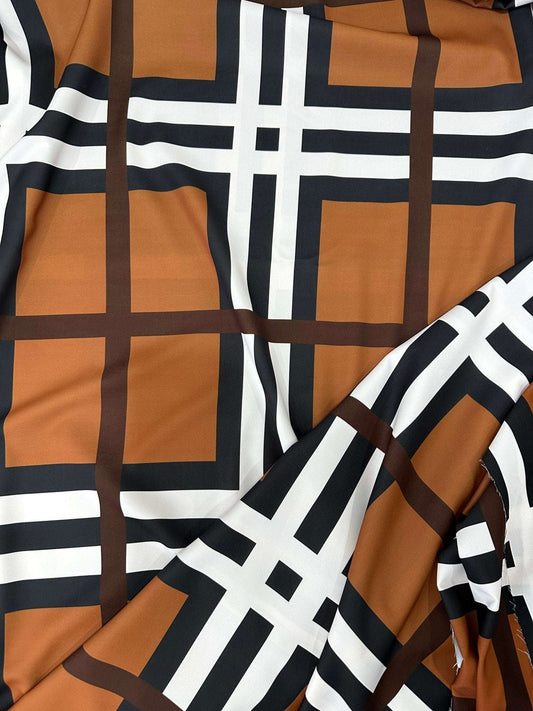 Brown and White Striped Plaid Fabric – Available in Satin, Crepe, Spandex & Chiffon | By Metre