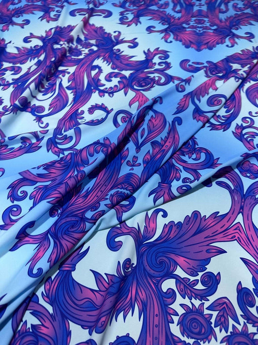 Purple and Blue Baroque Pattern Fabric – Custom Printed Fabric, Choose Material by Metre