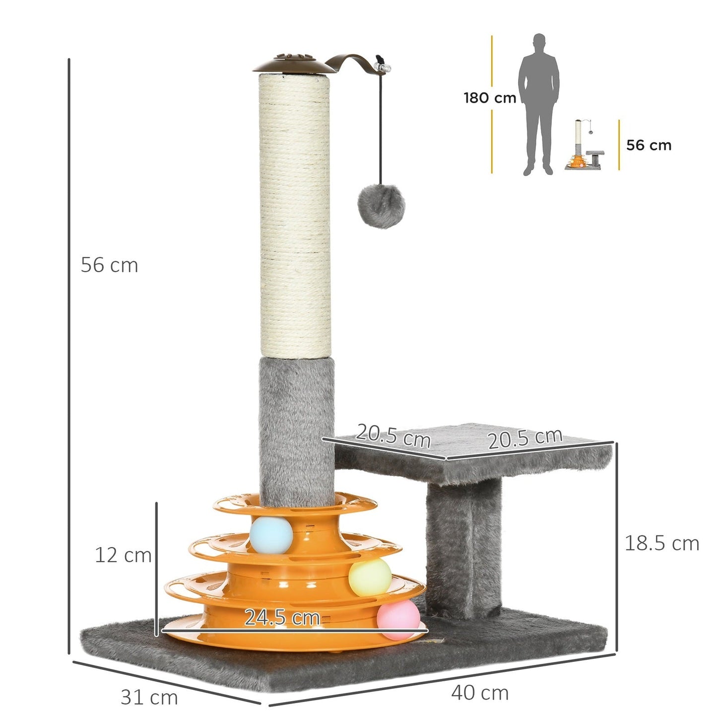 PawHut Cat Tree Tower Activity Center Climbing Stand Kitten House Furniture with Scratching Posts Toy abd Perch 56cm Grey