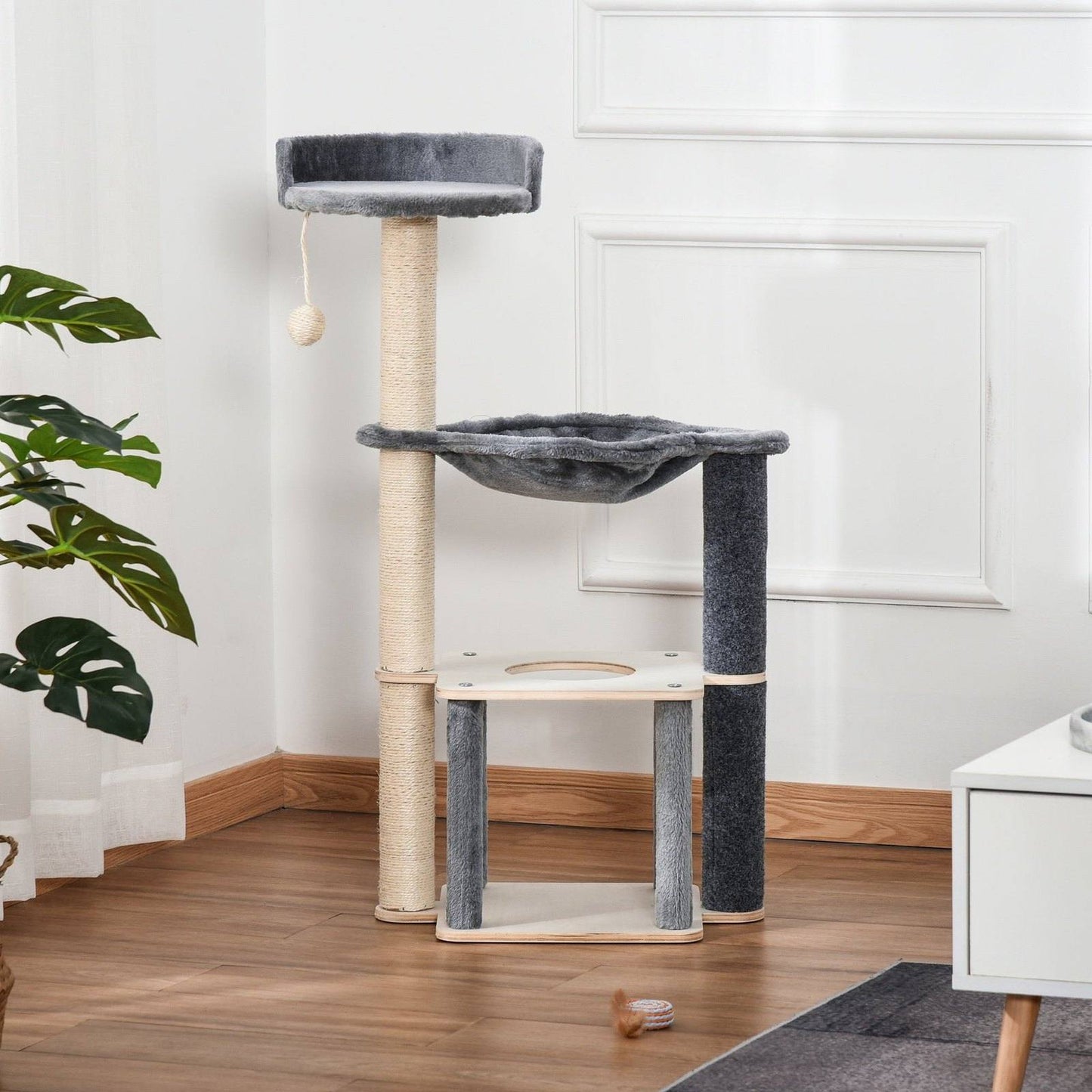 PawHut Cat Tree for Indoor Cats 95cm Climbing Tower Kitten Activity Center with Sisal Scratching Post Perch Roomy Condo Hammock Removable Felt Hanging Toy