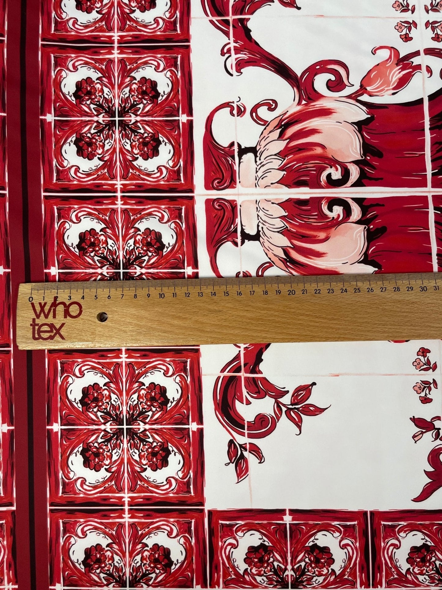 Red Baroque Floral Vase Crepe Fabric by the Metre – Mediterranean Style