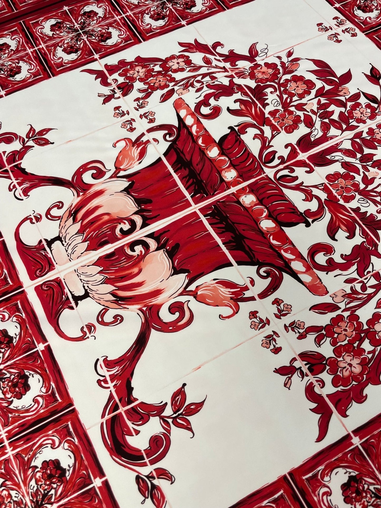 Red Baroque Floral Vase Crepe Fabric by the Metre – Mediterranean Style