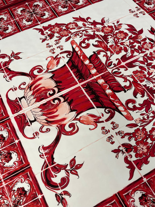 Red Baroque Floral Vase Crepe Fabric by the Metre – Mediterranean Style