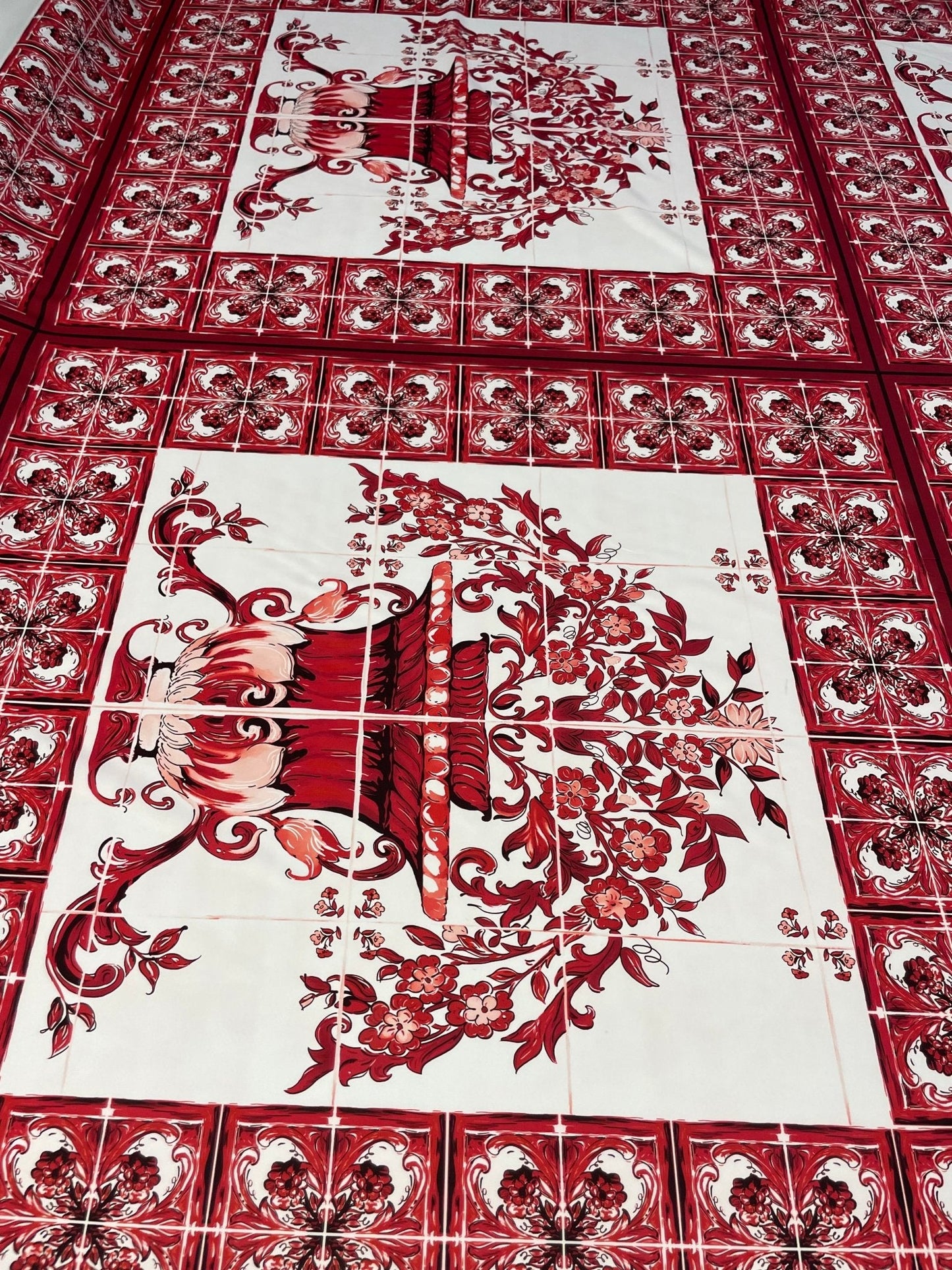 Red Baroque Floral Vase Crepe Fabric by the Metre – Mediterranean Style