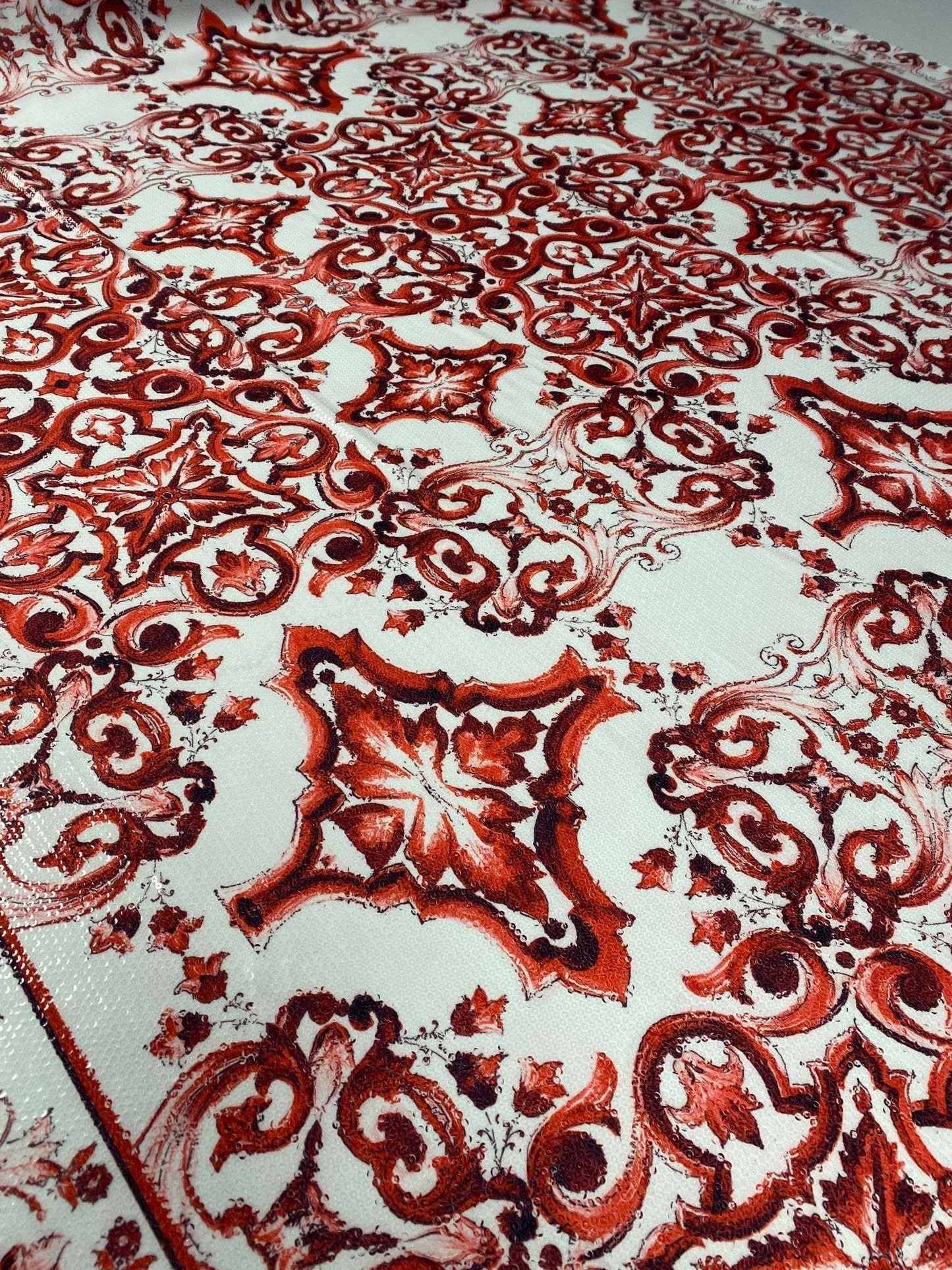 Red Baroque Pattern Sequin Fabric