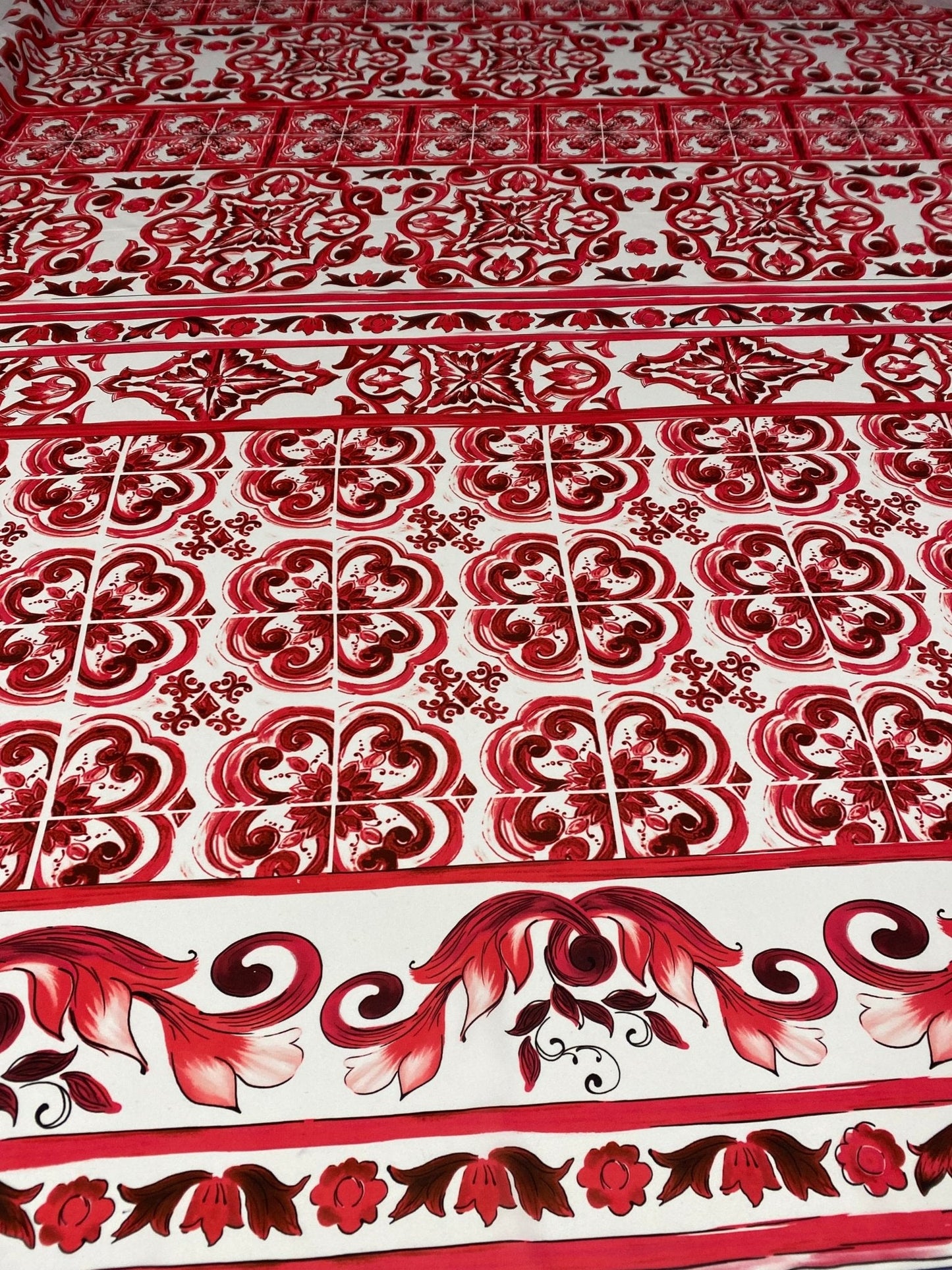 Red Baroque Tile Crepe Fabric by the Metre – Ornamental