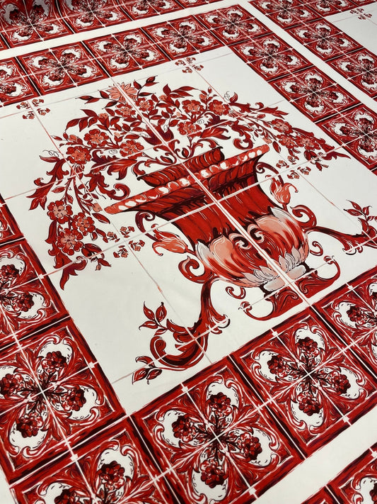 Red Floral Tile Crepe Fabric by the Metre – Elegant Design