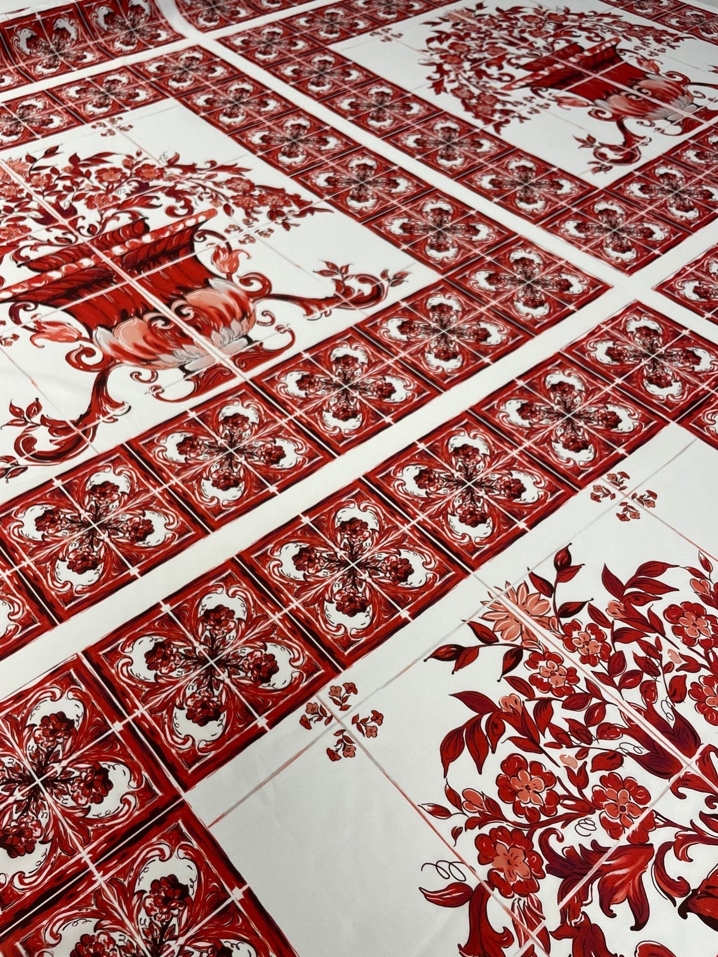 Red Floral Tile Crepe Fabric by the Metre – Elegant Design