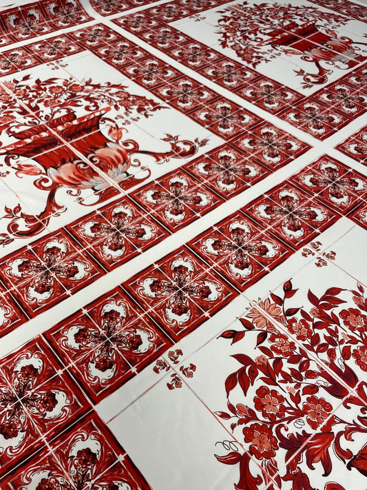 Red Floral Tile Crepe Fabric by the Metre – Elegant Design