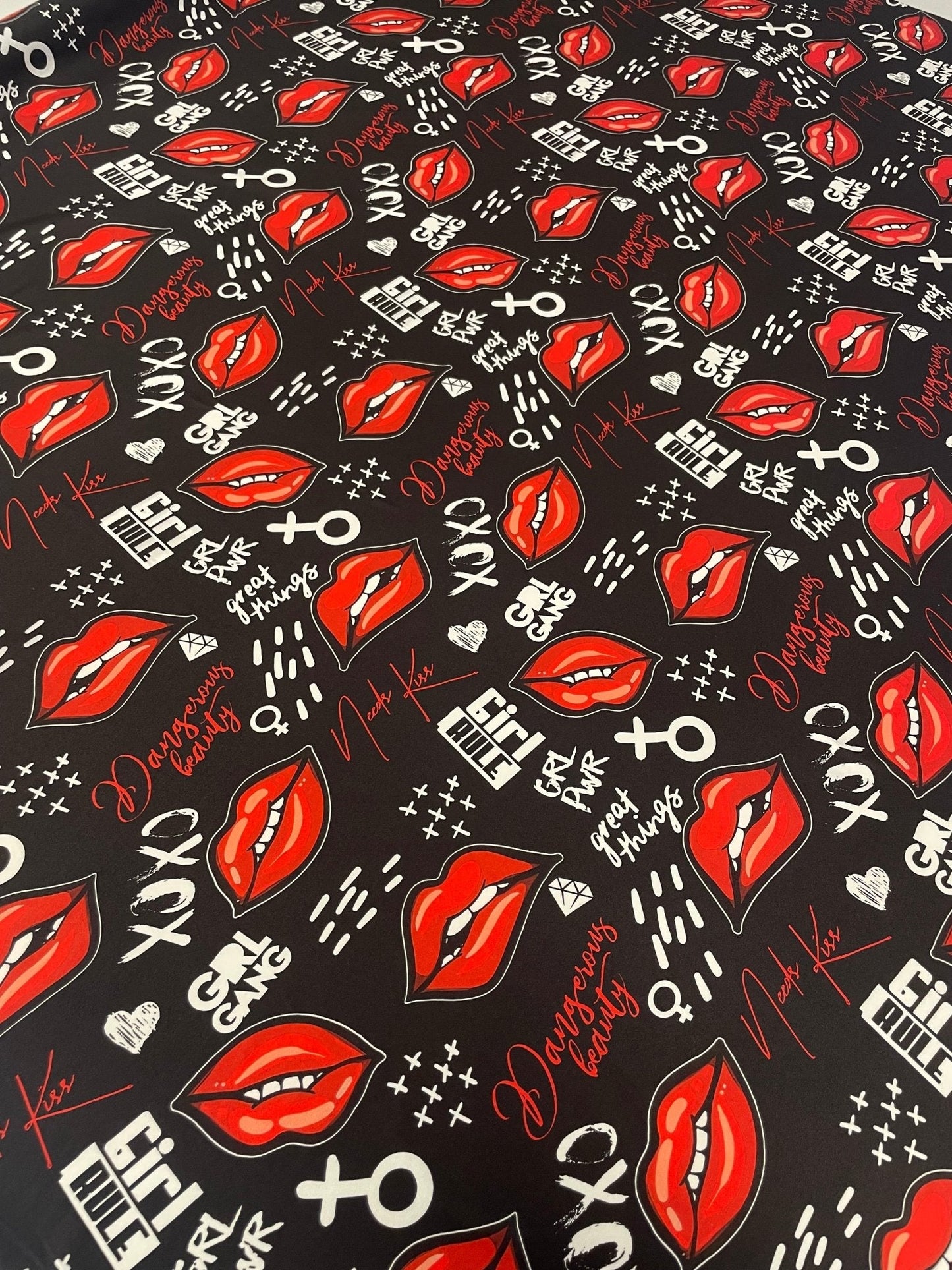 Red Lips Print Spandex Fabric by the Metre – Black Base