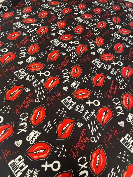 Red Lips Print Fabric by the Metre – Black Base