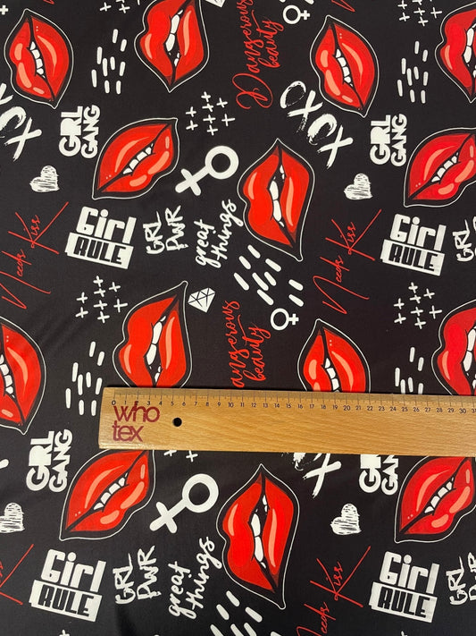 Red Lips Print Fabric by the Metre – Black Base