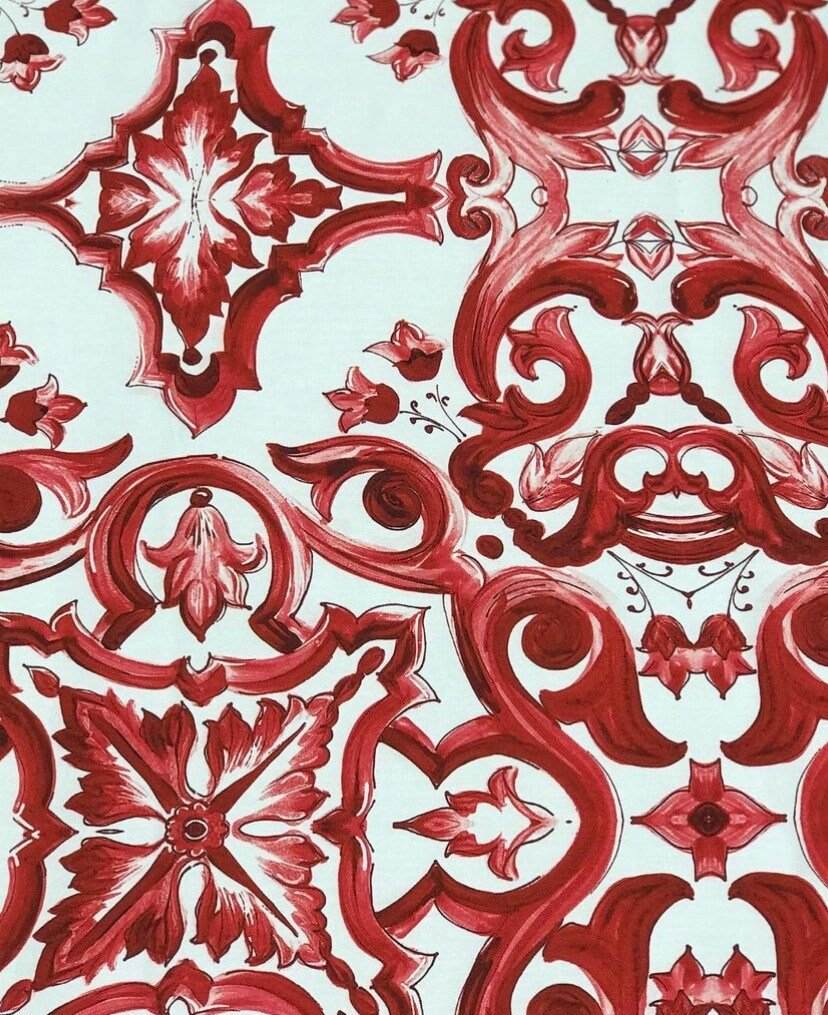 Red Majolica Pattern Fabric – Fabric by Metre, Options: Satin, Crepe, Spandex, Chiffon