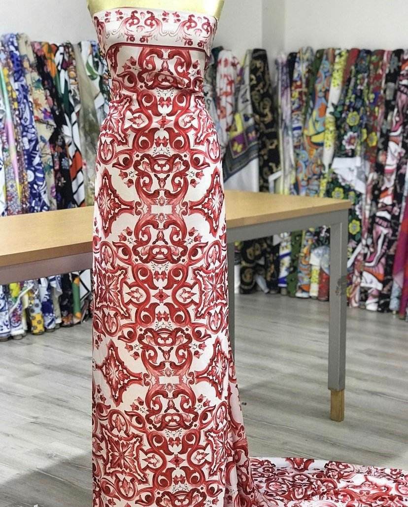 Red Majolica Pattern Fabric – Fabric by Metre, Options: Satin, Crepe, Spandex, Chiffon