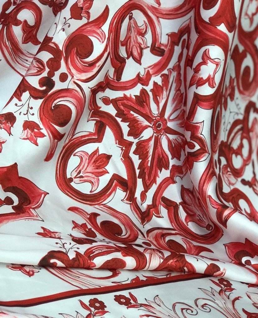 Red Majolica Pattern Fabric – Fabric by Metre, Options: Satin, Crepe, Spandex, Chiffon