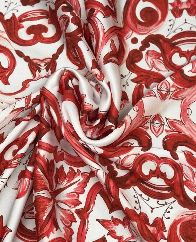 Red Majolica Pattern Fabric – Fabric by Metre, Options: Satin, Crepe, Spandex, Chiffon