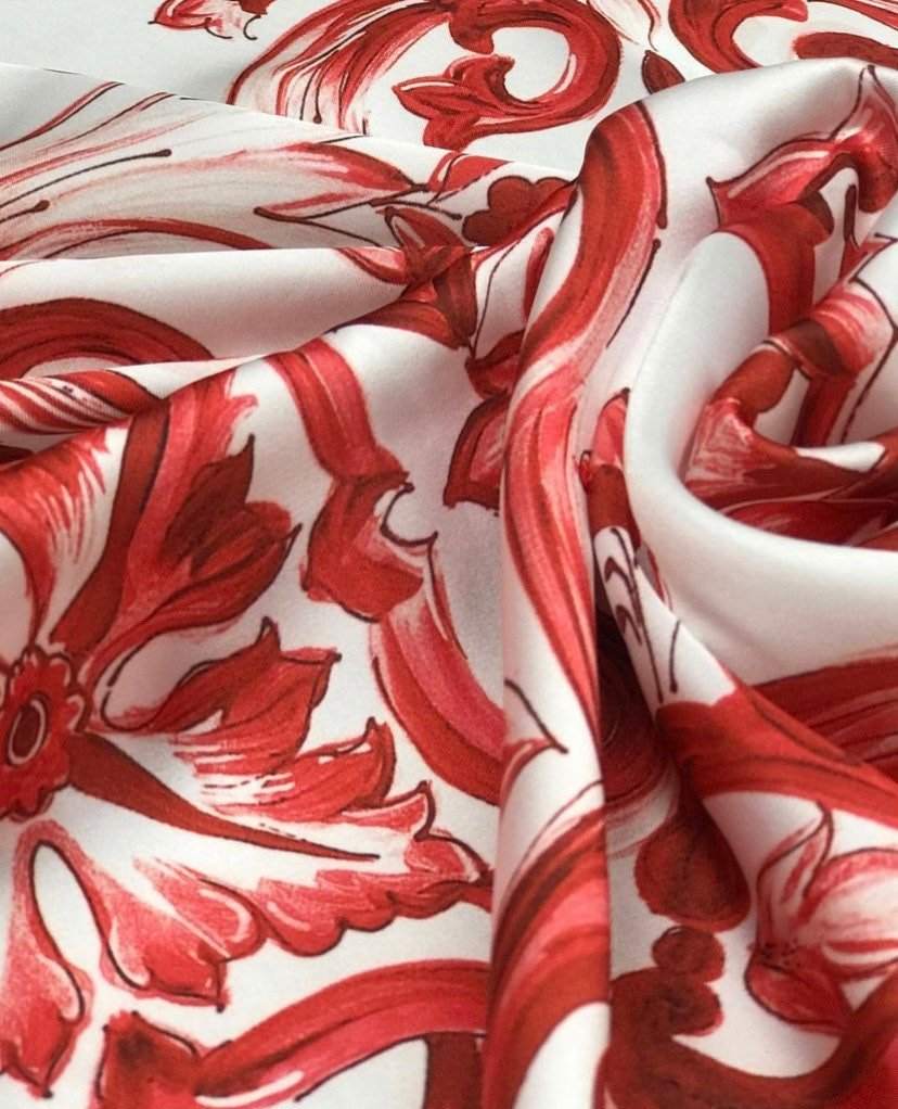 Red Majolica Pattern Fabric – Fabric by Metre, Options: Satin, Crepe, Spandex, Chiffon