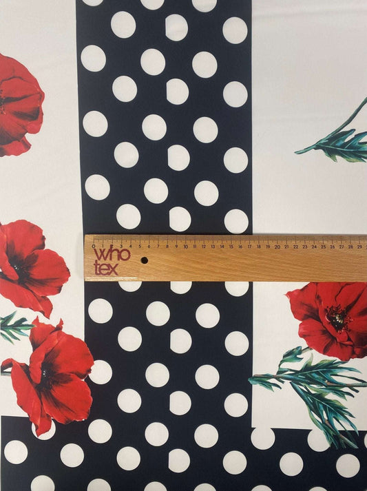 Red Poppy Floral Fabric With Polka Dot Border – Custom Printed Fabric, Choose Material by Metre